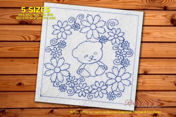 Cute Baby Bear in Floral Circle Embroidery